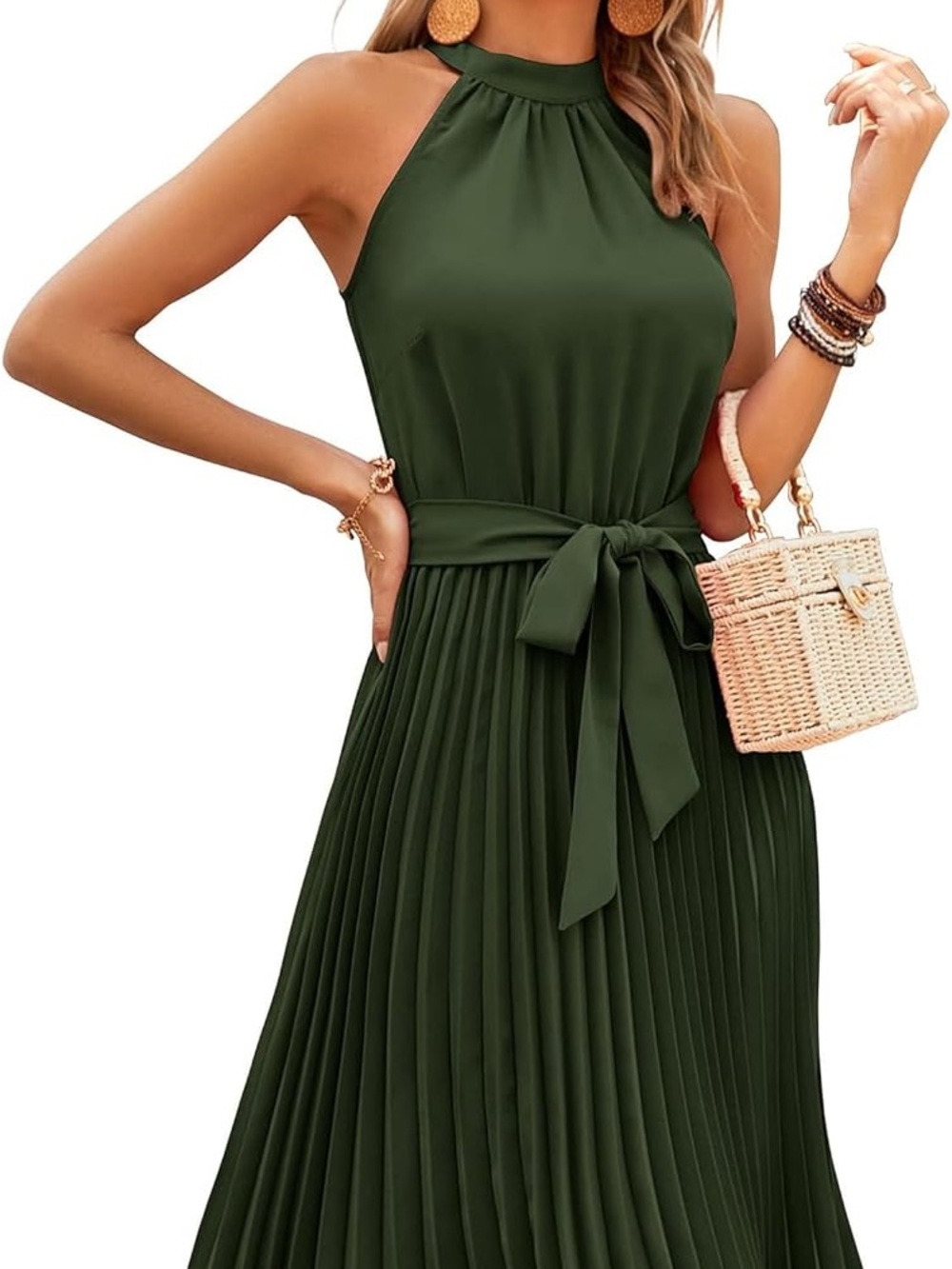 Green Halter Neck Pleated Midi Cocktail Dresses Flowy Beach Dress with Belt NWT